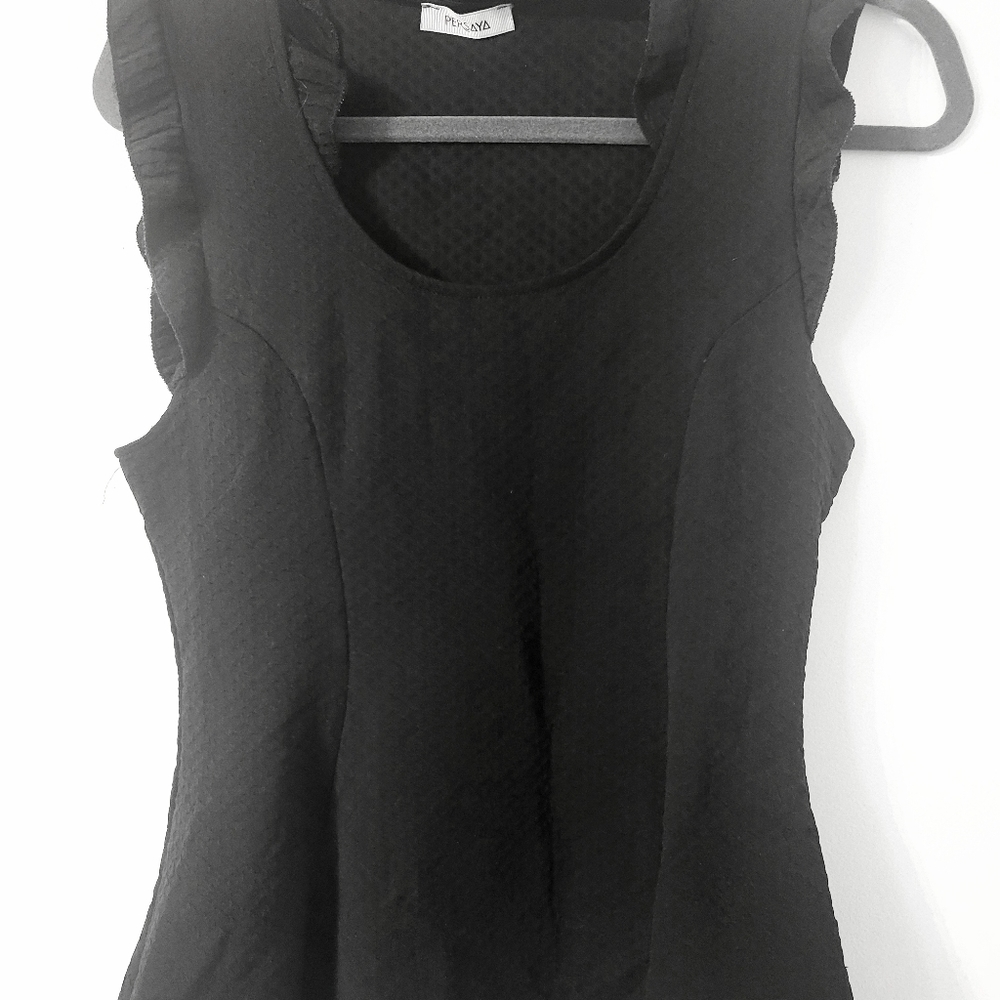 Black ruffle sleeve blouse with pleats flares out, form fitting